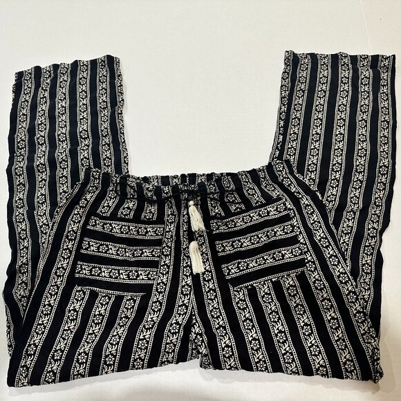 WOMEN'SECRET Boho Black Print Long Pant Mid Rise Draw String Sz L Front Pocket - Picture 10 of 16